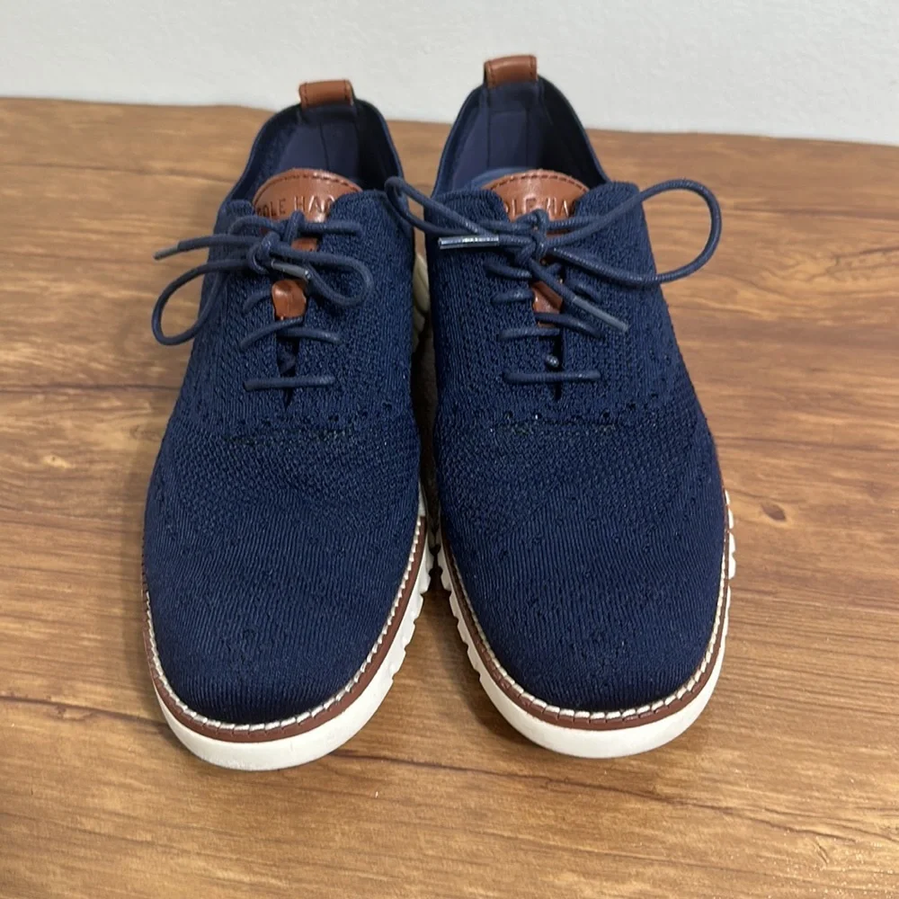 Cole Haan Navy Knit Wingtip Sneakers with Brown Accents - Picture 3 of 10